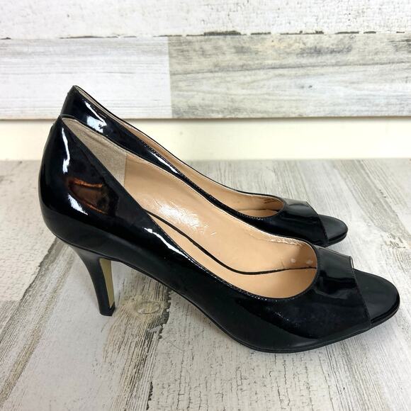 Cole Haan Women’s 7.5 Black Patent Leather Peep Toe Pumps Work Heels NEW - Picture 3 of 8